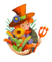 Gardener with garden tools and flowers. Autumn character with pitchfork, flowers illustration