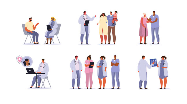 Doctors and Patients Characters set. Doctor Diagnosing Family, Nurse Helping Elderly Woman, Therapist Talking to Patient. Different Medical Staff Standing Together.  Flat Cartoon Vector Illustration.
