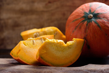 Autumn Orange Pumpkins on wooden background, Thanksgiving and halloween concept