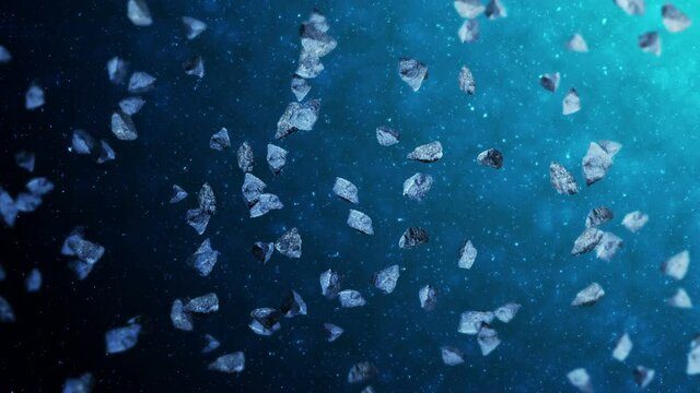Flying many asteroids in deep space background. Broken splash explosion. The starry sky. 3D animation of meteorites rotating. Loop animation.