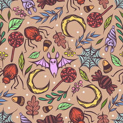 Vector illustration, Happy Halloween, candy, spider web with a spider, bat, leaves. Handmade, prints, background, seamless pattern