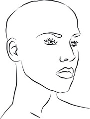 Outline of charming and attractive woman without hair , black isolated on the white background