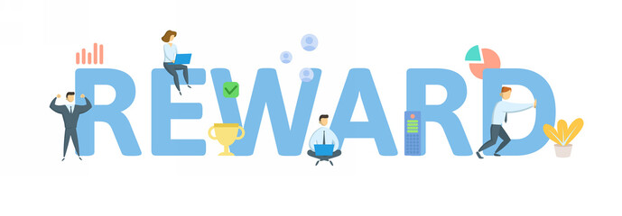 Reward. Concept with keyword, people and icons. Flat vector illustration. Isolated on white background.