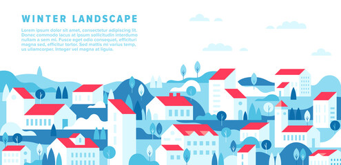 Vector winter cityscape in simple minimal geometric flat style. Horizontal winter landscape with buildings, house, tree, hill, field. City building houses view illustration. Minimal cityscape