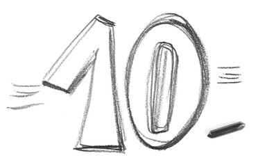 Graphite stick with number ten hatching, sketching isolated on white background, top view