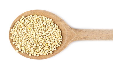 Quinoa seeds with wooden spoon isolated on white background, top view