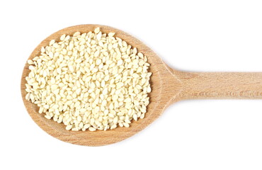 Sesame seeds with wooden spoon isolated on white background, top view