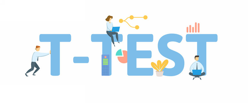 T-test, type of inferential statistic. Concept with keyword, people and icons. Flat vector illustration. Isolated on white background.