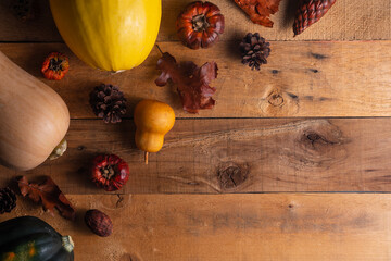 Thanksgiving holiday, autumn composition with pumpkins and pine cone and leaves ms with space for...