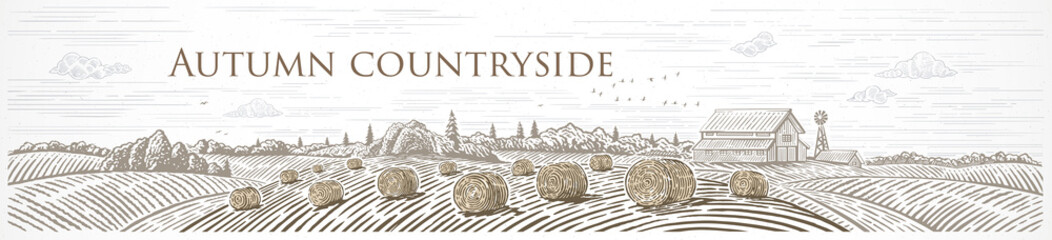 Autumn rural landscape panoramic format with a farm and bales of hay. Illustration in engraving style. © Rustic