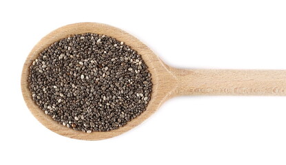 Chia seeds pile in wooden spoon isolated on white background, top view
