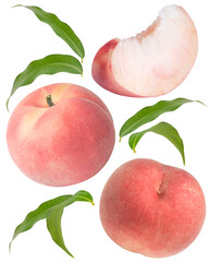 Peach fruit with leaf isolated on white background, Fresh White Peach on White Background (With...