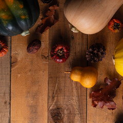 Thanksgiving holiday, autumn composition with pumpkins and pine cone and leaves ms with space for...