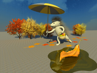 Autumn harvest 3D illustration. A hedgehog character going for a walk and picking some wild fruits in his basket. Cloudy sky background. Collection.