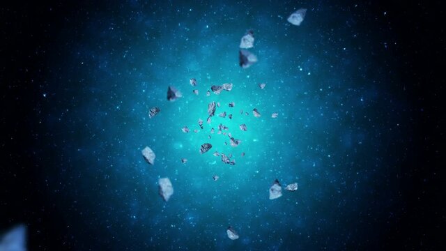 Flying many asteroids in deep space background. Broken splash explosion. The starry sky. 3D animation of meteorites rotating. Loop animation.