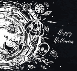 Vector illustration, Happy Halloween, magic portal, ghost, pumpkin, bat, leaves. Handmade, background chalkboard