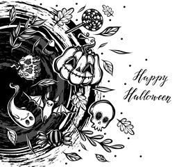 Vector illustration, Happy Halloween, magic portal, ghost, pumpkin, bat, leaves. Handmade, background white
