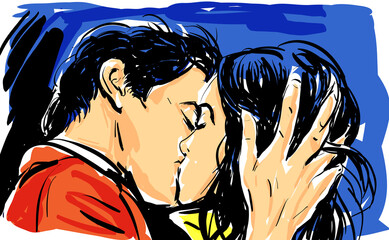 couple amoureux , gros plan un homme et une femme sensuelle qui s'embrasse sur la bouche, dessin aplat couleur (vectoriel) - 378529284