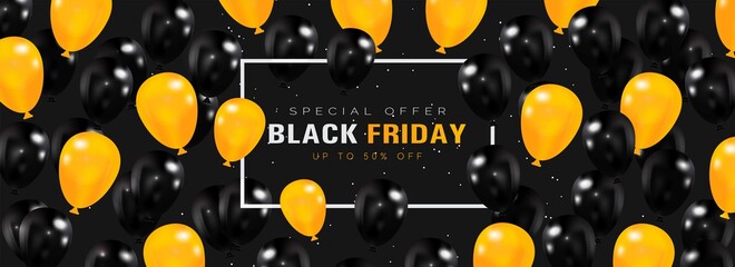 Black friday sale banner with black and yellow balloons