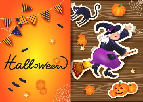 Halloween background with text and stickers on wood