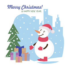 Merry Christmas and Happy New Year!  Snowman wearing a red knitted scarf and a Santa Claus hat. Nearby is a bag with gifts. Symbol of Christmas. Congratulations card. Vector flat illustration