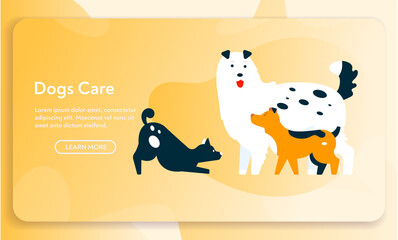 Vector banner of dogs care concept, cute puppies standing or playing together