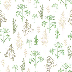 Seamless pattern of different types of field herbs and branches. For paper, covers, fabric, gift wrapping, wall painting, decorative interior design. Vector design.