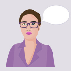 A portrait of a successful businesswoman.Short haircut, glasses. A woman with a speech balloon. Vector flat illustration