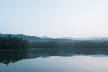 Beautiful nature and fog on the reservoir at Jetkod-Pongkonsao Natural Study in Saraburi Thailand	