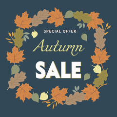 Advertising banner with the concept of autumn sale, against the background of leaves of different trees and colors. Important information with a special offer