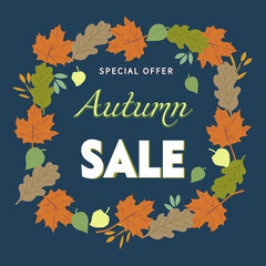 Fototapeta na wymiar Advertising banner with the concept of autumn sale, against the background of leaves of different trees and colors. Important information with a special offer