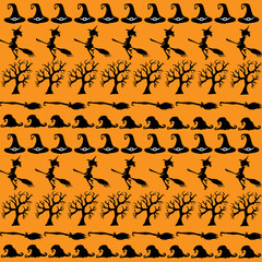 Autumn composition. Autumn, fall, halloween concept. Flat lay, top view, copy space. Art for design of wallpaper of brands decoration. Set of witches and trees. Vector image