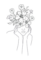 Minimalist Woman Line Art Print Vector Illustration, One Line Woman Drawing Wall Art, Floral Head Simple Line Poster Home Decor

