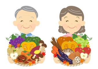 秋野菜と果物を持つ、農家の老夫婦
