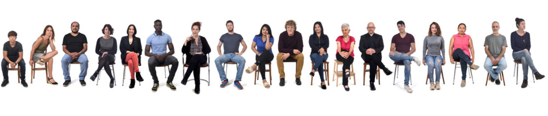 Fototapeta premium large group of mixed people siiting on chair on white background