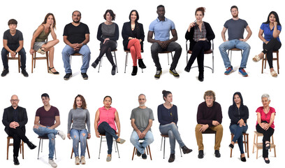 large group of mixed people siiting on chair on white background