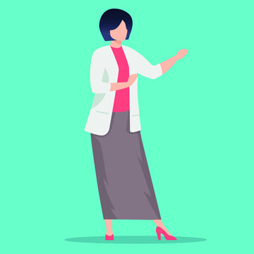 flat design vector illustration of business woman pointing fingers at something 