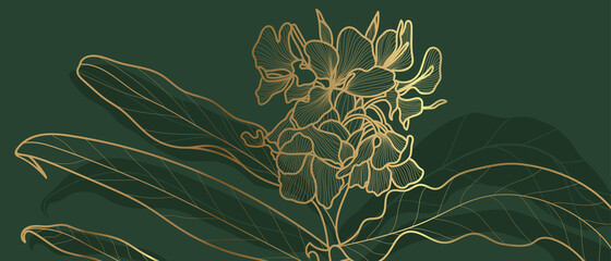 Luxury golden art deco wallpaper. Floral pattern with golden split-leaf Philodendron plant with monstera plant line art on green emerald color background. Vector illustration. © TWINS DESIGN STUDIO