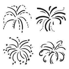 Fototapeta na wymiar Explosion. Set of holiday fireworks on isolated white background. Black and white illustration