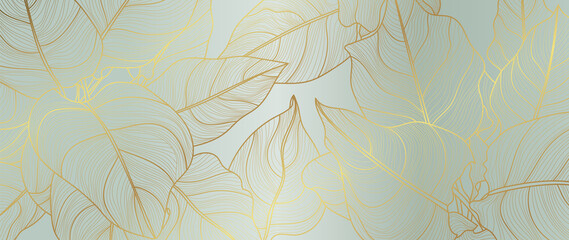 Luxury golden art deco wallpaper. Floral pattern with golden split-leaf Philodendron plant with monstera plant line art on green emerald color background. Vector illustration.