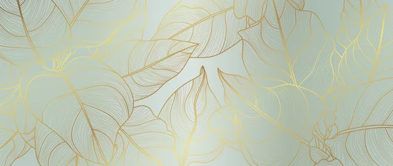 Peel and stick wall murals For her Luxury golden art deco wallpaper. Floral pattern with golden split-leaf Philodendron plant with monstera plant line art on green emerald color background. Vector illustration.