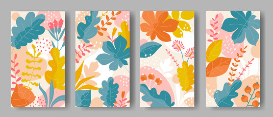 Set of vertical backgrounds with colorful leaves ornament	
