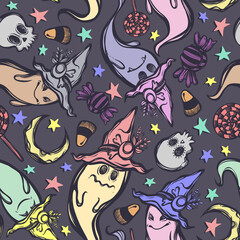 Vector illustration,Halloween,ghosts in witch hats,skulls, sweets, mysticism. Handmade, prints on T-shirts,seamless pattern,dark background