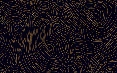 topographic lines luxury background, black and golden horizontal template. Handmade watercolor on dark blue background. Elegant gold veins and splashes wallpaper.