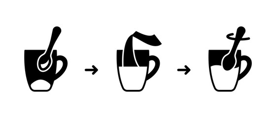 Standard instruction for Instant coffee, tea preparation. Process of making drink with water in mug. Outline silhouette icons set for packaging of medicine powder, soluble drug. Contour black vector
