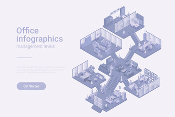 Office room departments Isometric Flat white monochrome vector concept.