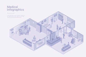 Medical Clinic center Isometric Flat white monochrome vector concept.