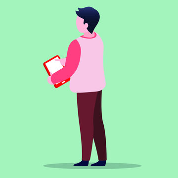 A Man From His Back Standing And Holding An IPad In His Hand Vector Flat Design Illustration