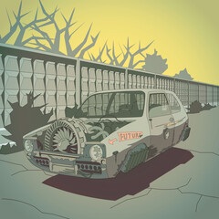 Cyberpunk car on the background, 
post-soviet, dark zombie stile. Vector illlustration