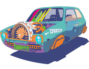 Cyberpunk car without background, rushes through in bright colors.  Vector illlustration